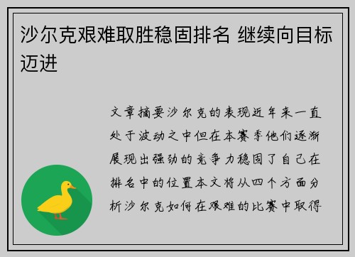 沙尔克艰难取胜稳固排名 继续向目标迈进