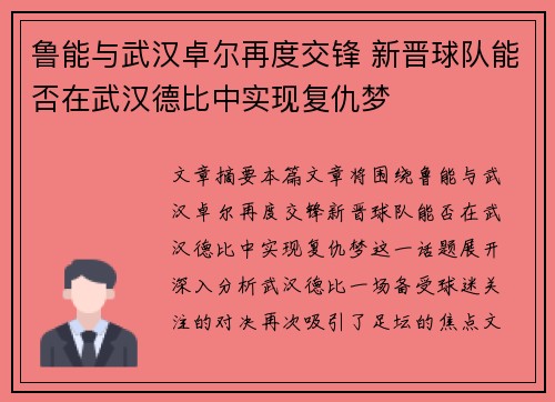 鲁能与武汉卓尔再度交锋 新晋球队能否在武汉德比中实现复仇梦
