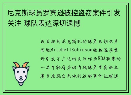 尼克斯球员罗宾逊被控盗窃案件引发关注 球队表达深切遗憾