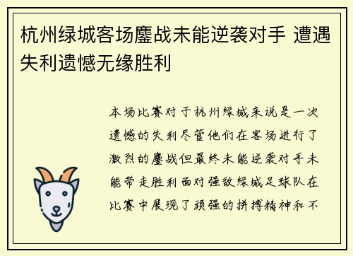 杭州绿城客场鏖战未能逆袭对手 遭遇失利遗憾无缘胜利