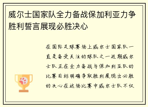威尔士国家队全力备战保加利亚力争胜利誓言展现必胜决心