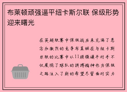 布莱顿顽强逼平纽卡斯尔联 保级形势迎来曙光