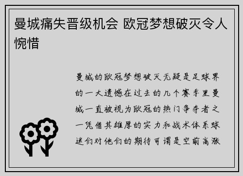曼城痛失晋级机会 欧冠梦想破灭令人惋惜