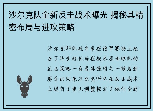 沙尔克队全新反击战术曝光 揭秘其精密布局与进攻策略