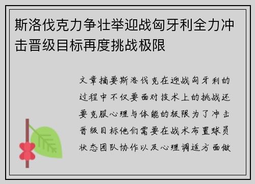 斯洛伐克力争壮举迎战匈牙利全力冲击晋级目标再度挑战极限
