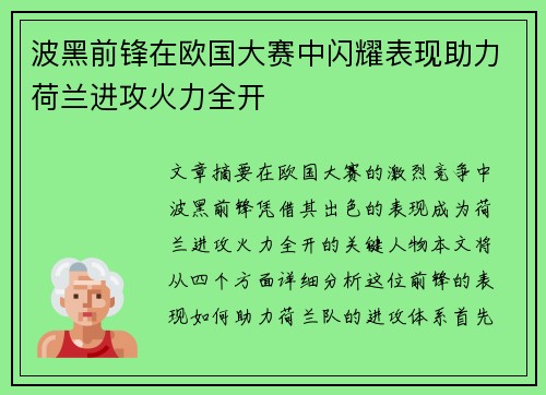 波黑前锋在欧国大赛中闪耀表现助力荷兰进攻火力全开