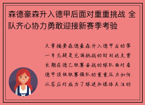 森德豪森升入德甲后面对重重挑战 全队齐心协力勇敢迎接新赛季考验